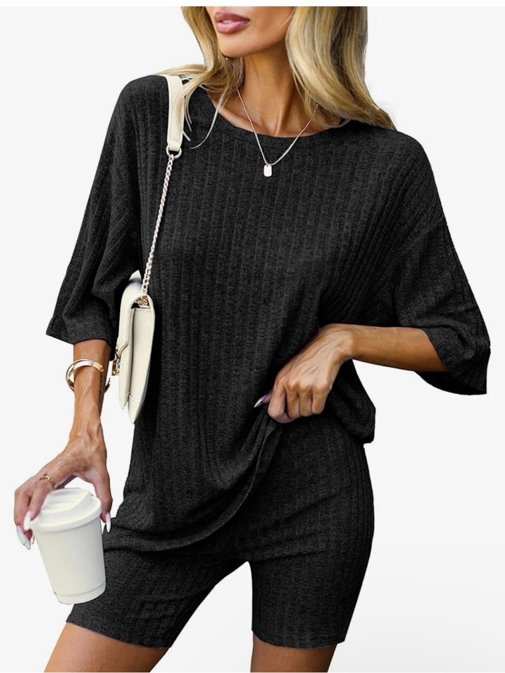 EKOUAER XL Ribbed Two-Piece Lounge Set in Black